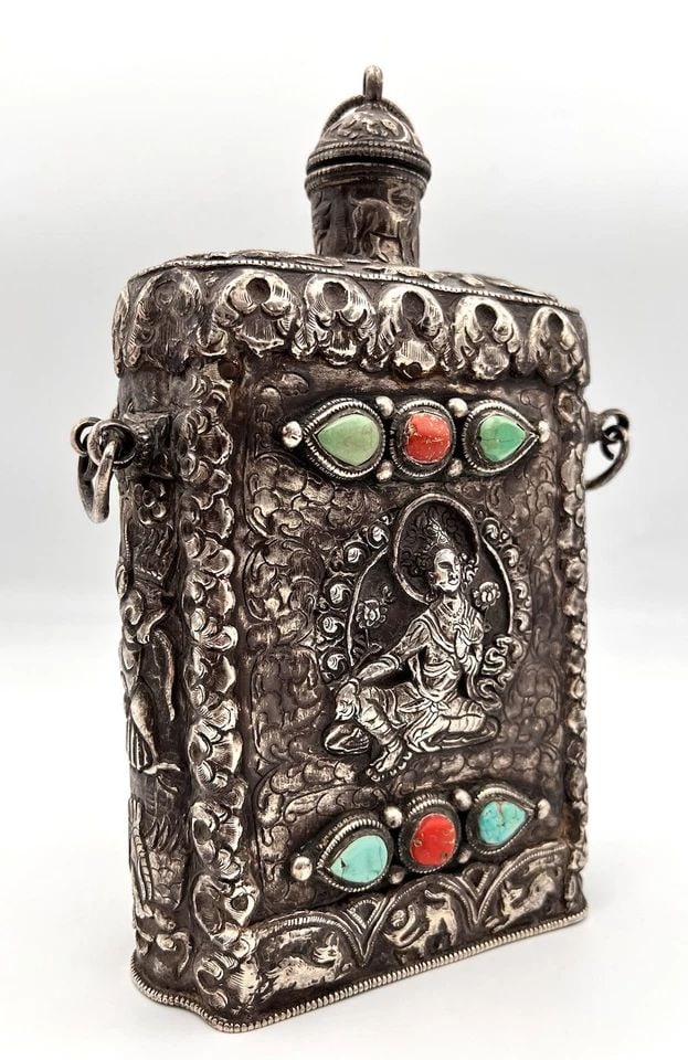 ANTIQUE BUDDHIST BUDDHISM THANGKA TIBETAN SILVER CORAL & TURQUOISE FLASK 1130G (1 of 2)