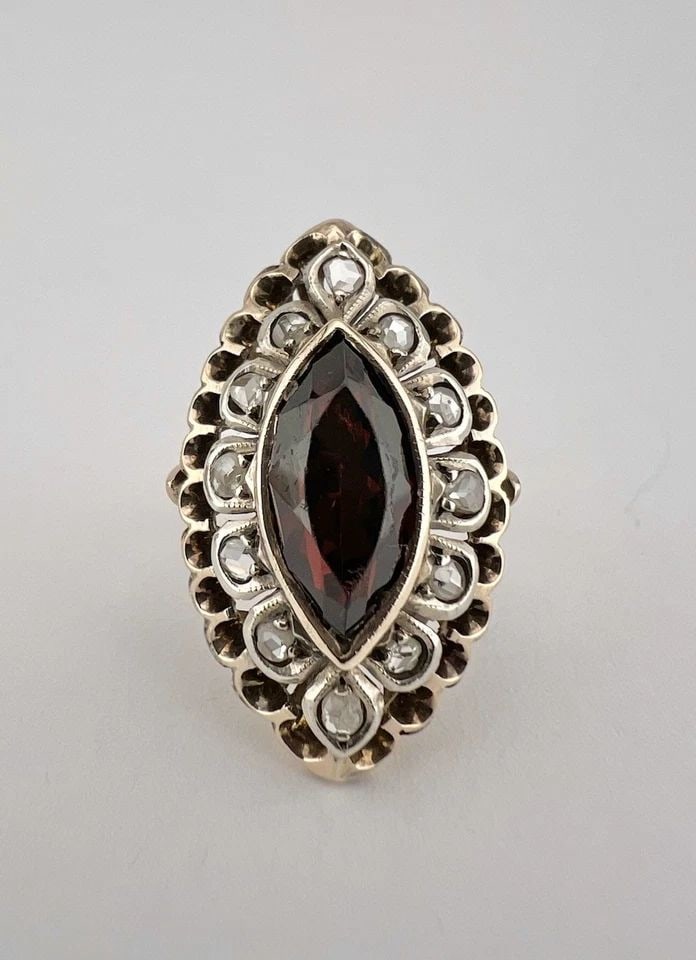 ANTIQUE VICTORIAN ETRUSCAN 14K ROSE GOLD MARQUISE GARNET & ROSE CUT DIAMOND RING (1 of 2)