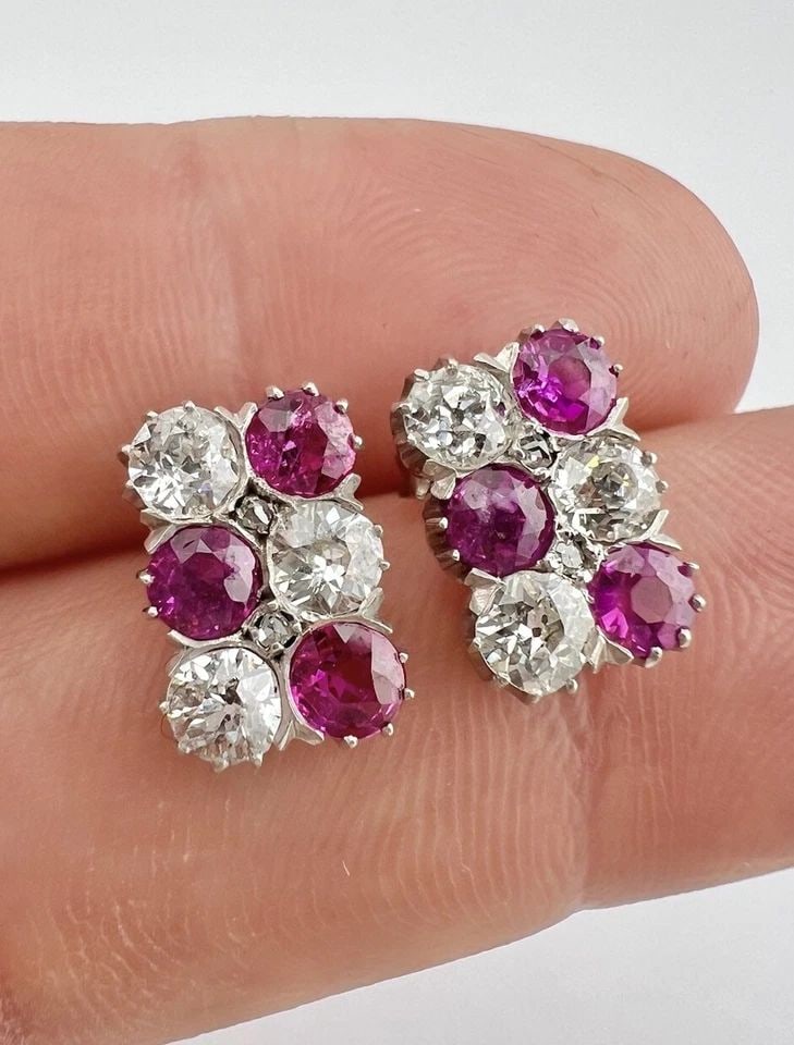 ART DECO PLATINUM GOLD 1.80TCW APRX. OLD EUROPEAN CUT DIAMOND RUBY STUD EARRINGS (1 of 2)