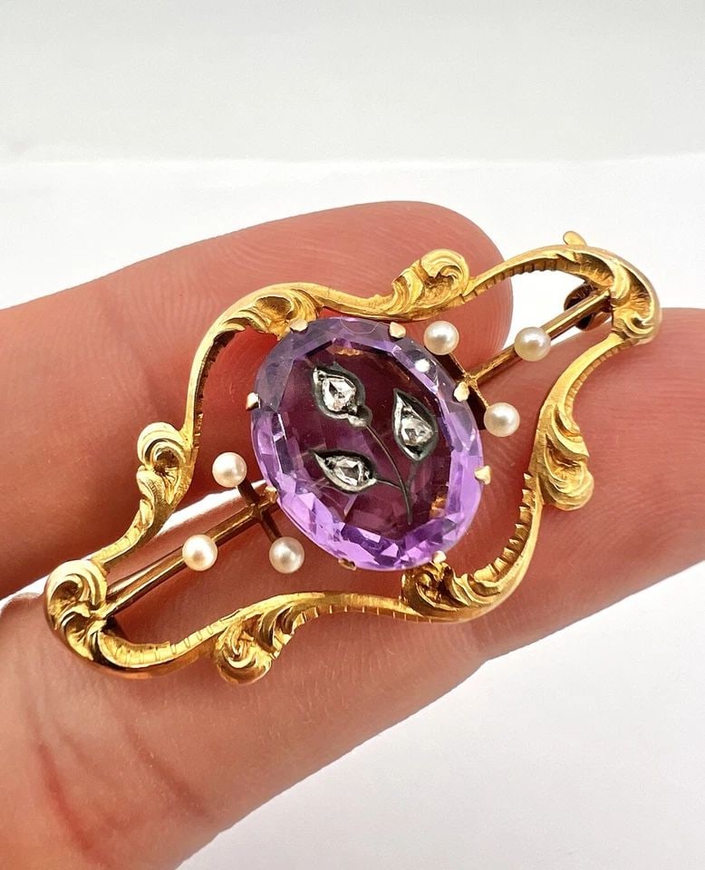 VICTORIAN 14K YELLOW GOLD ROSE OF SHARON AMETHYST & DIAMOND & SEED PEARL BROOCH (1 of 2)