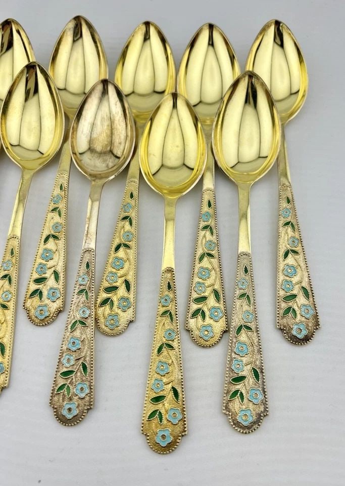 (12) VINTAGE RUSSIAN SOVIET 875 GILT GOLD SILVER ENAMEL FLORAL SPOONS 275G (1 of 2)