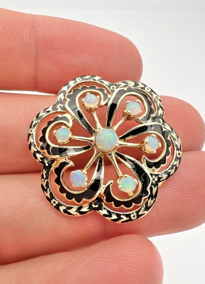 ANTIQUE VICTORIAN 14K YELLOW GOLD AUSTRALIAN FIRE OPAL ENAMEL FLOWER PENDANT (1 of 2)