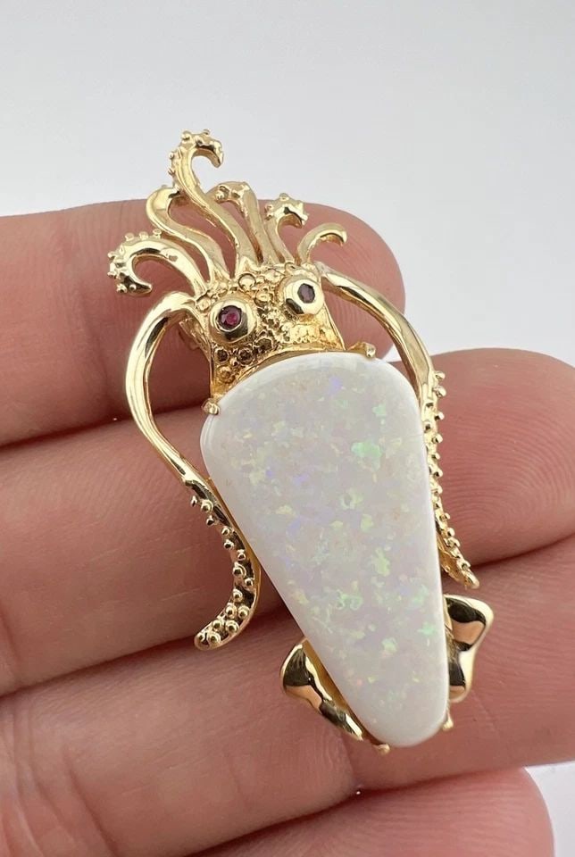 DESIGNER 14K YELLOW GOLD AUSTRALIAN FIRE OPAL OCTOPUS SQUID ENHANCER PIN PENDANT (1 of 2)