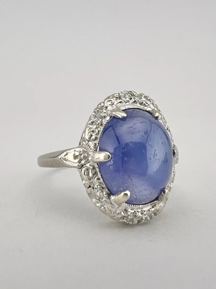 ANTIQUE ART DECO 14K WHITE GOLD OLD CUT DIAMOND & BLUE STAR SAPPHIRE RING (1 of 2)