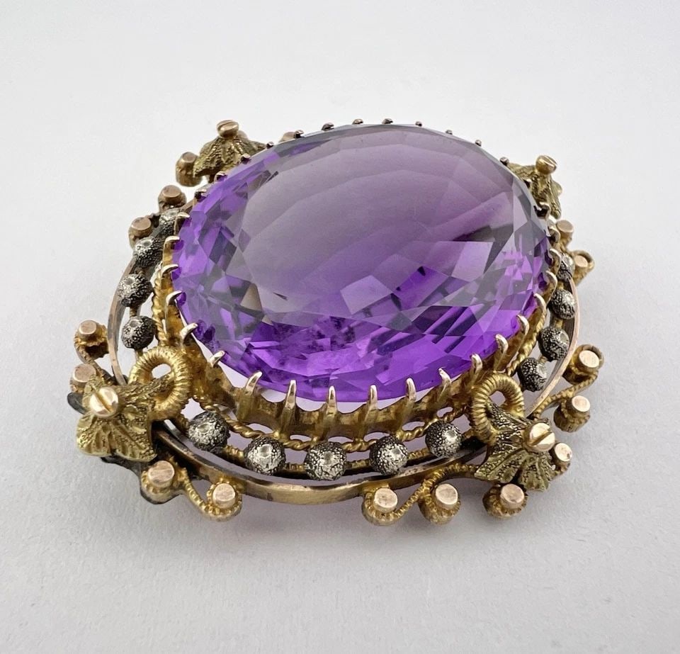 ANTIQUE VICTORIAN ETRUSCAN 14K GOLD OLD OVAL CUT AMETHYST FILIGREE PIN BROOCH (1 of 2)