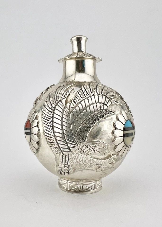 RARE NAVAJO STERLING SILVER MULTI GEMS EAGLE SUNFACE DETAILED VASE JAR CONTAINER (1 of 2)