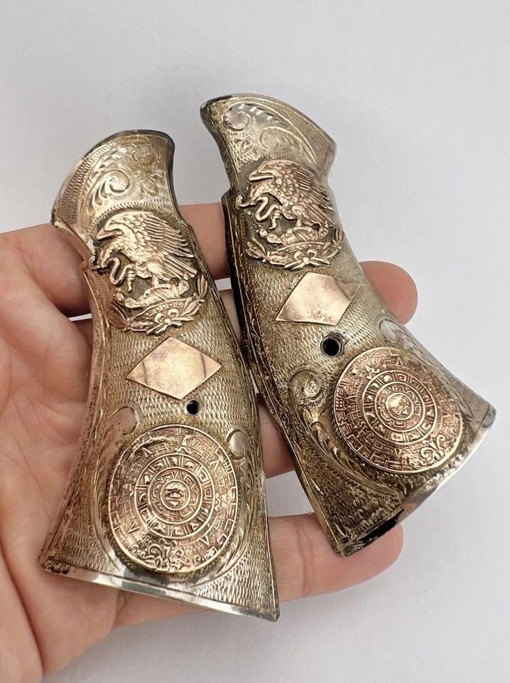 ANTIQUE TAXCO MEXICO STERLING SILVER & GOLD SMITH & WESSON K FRAME GRIPS W/ CASE (1 of 2)