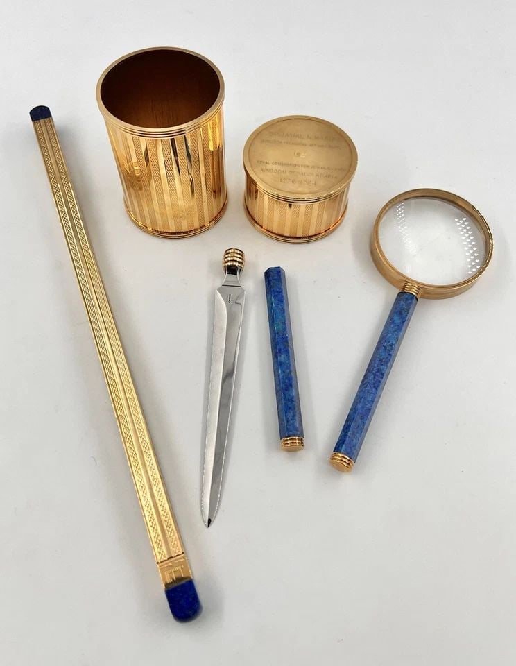 RARE DUNHILL PARIS FRANCE COLLECTION GOLD & LAPIS LAZULI DESK SET + ACCERSSORIES (1 of 2)
