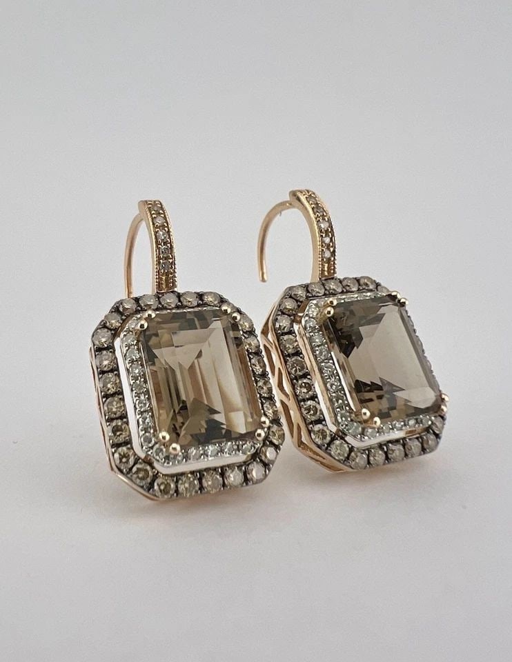 DESIGNER 14K ROSE GOLD SMOKEY QUARTZ & COGNAC CHAMPAGNE DIAMOND HALO EARRINGS (1 of 2)