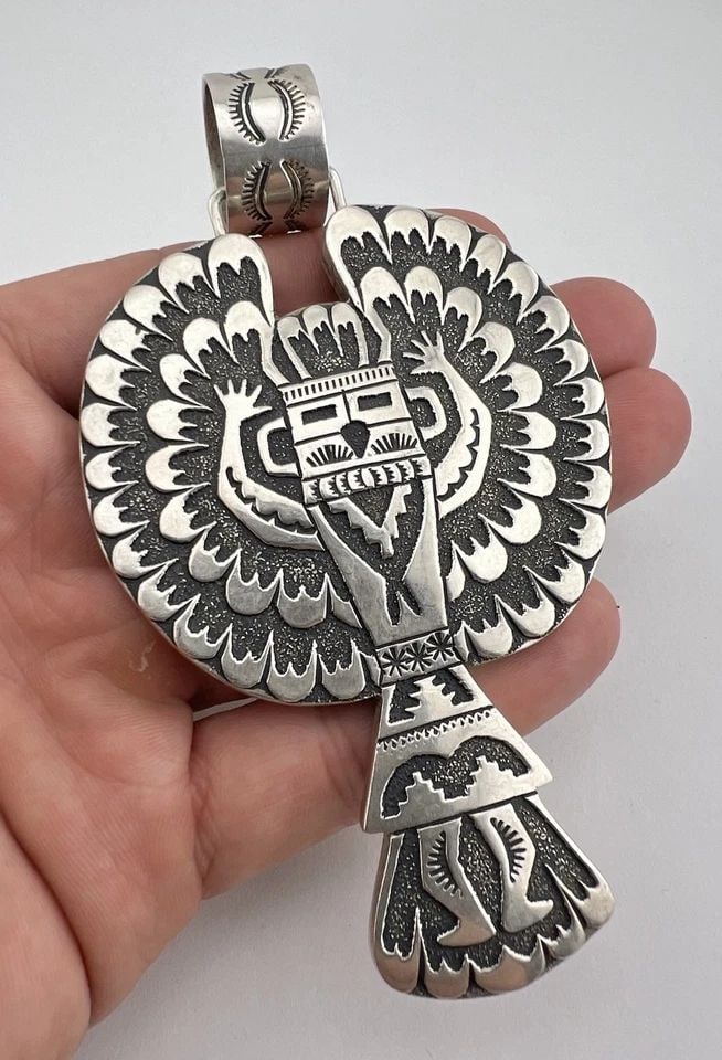 HUGE 4.75" VTG TOMMY THOMAS SINGER NAVAJO STERLING SILVER WINGED KACHINA PENDANT (1 of 2)