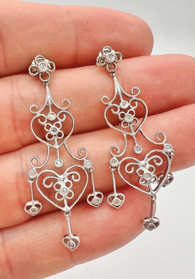 DESIGNER 14K WHITE GOLD DIAMOND HEART FILIGREE CHANDELIER DANGLE POST EARRINGS (1 of 2)