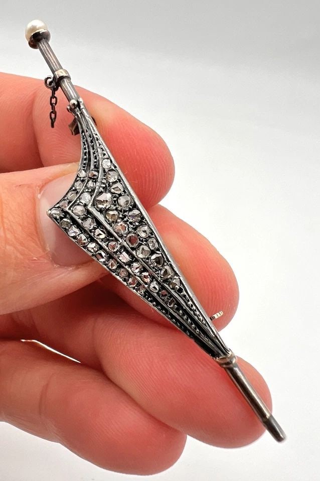 ANTIQUE VICTORIAN ROSE CUT DIAMONDS 14K YELLOW GOLD SWORD KNIFE UMBRELLA BROOCH (1 of 2)