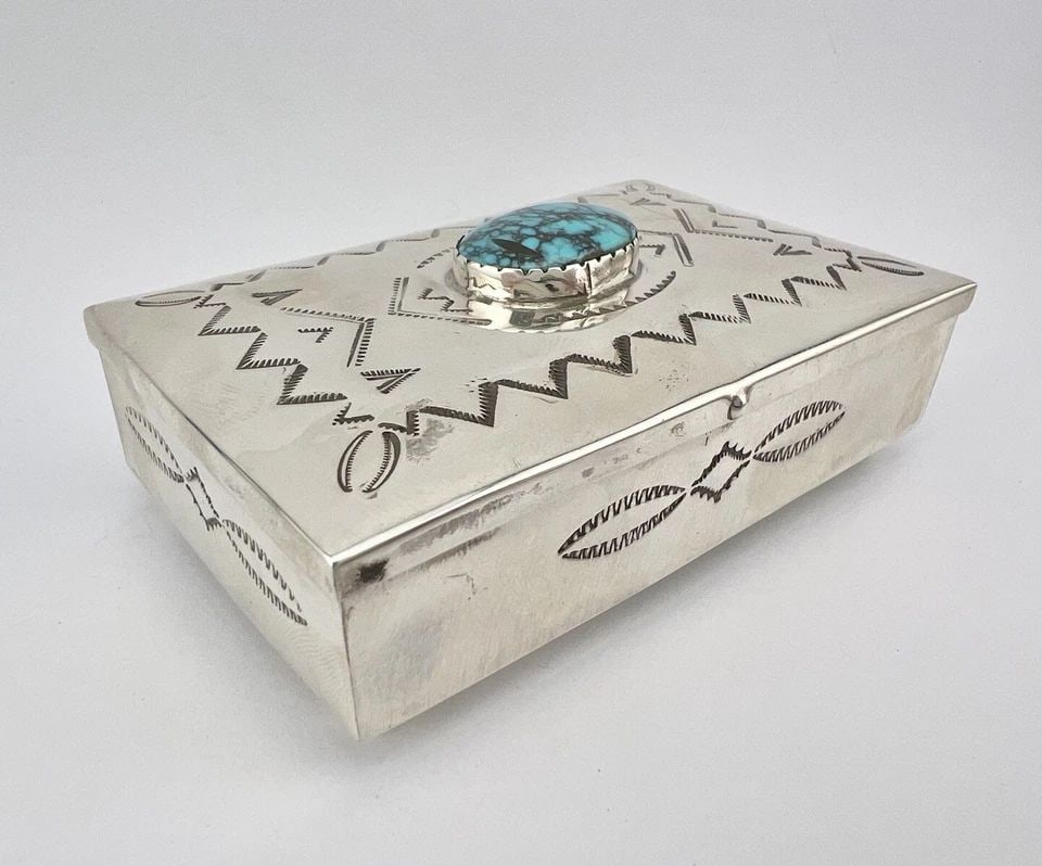 FRED HARVEY NAVAJO SPIDERWEB TURQUOISE STERLING SILVER STAMPED BOX 3 5/8"-112.6G (1 of 2)