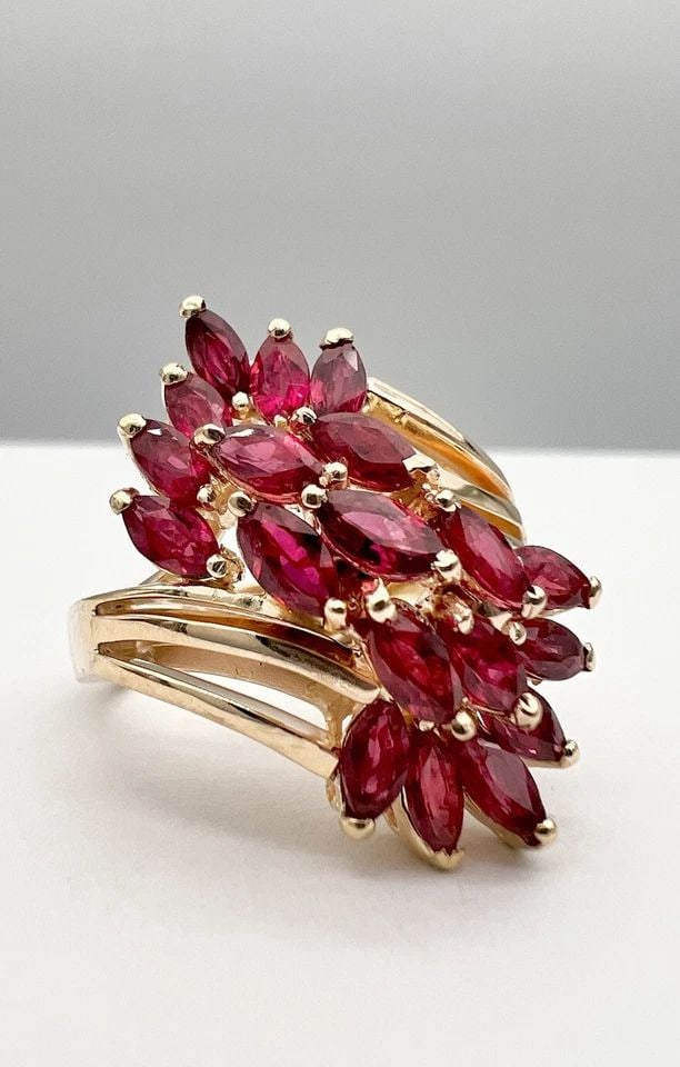 DESIGNER 14K YELLOW GOLD NATURAL MARQUISE CUT RUBY CLUSTER COCKTAIL RING (1 of 2)