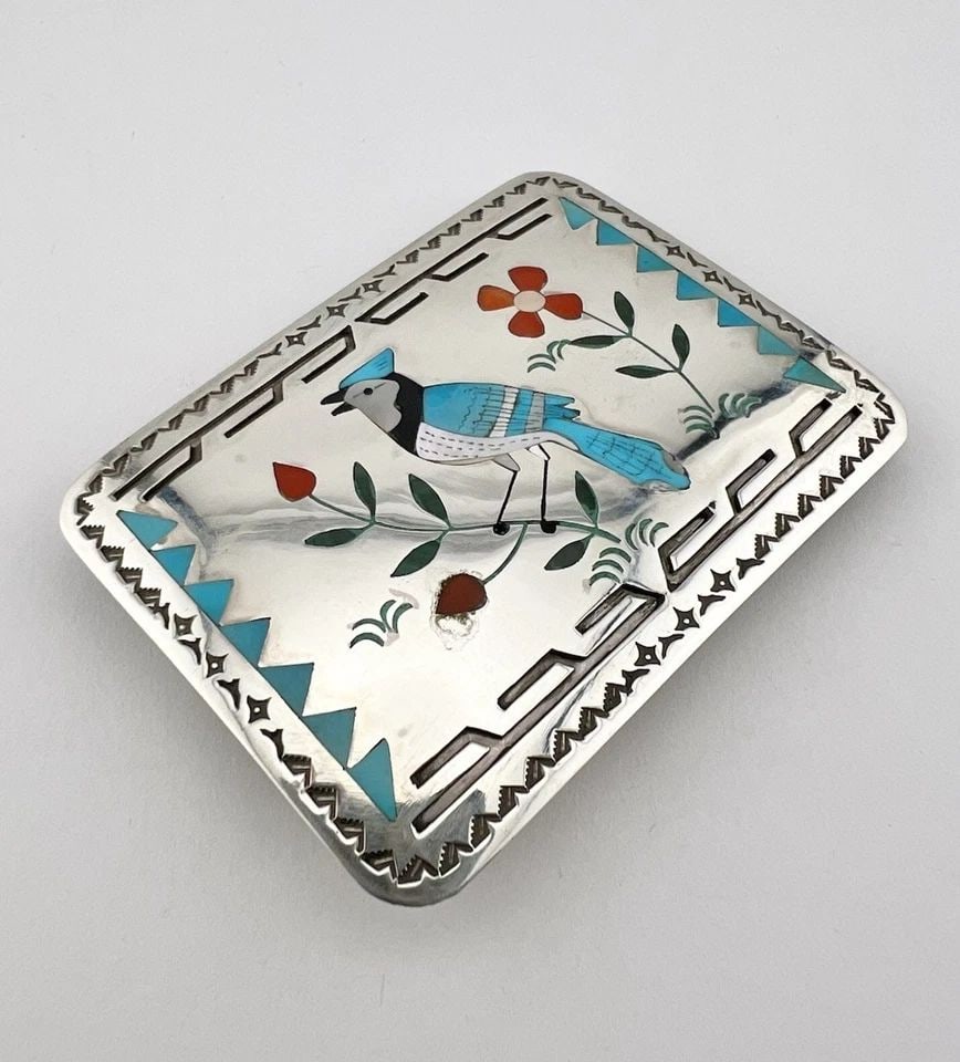 SAMMY & ESTHER GUARDIAN ZUNI FLUSH STONE INLAY BLUE JAY BIRD BELT BUCKLE 2.75" (1 of 2)