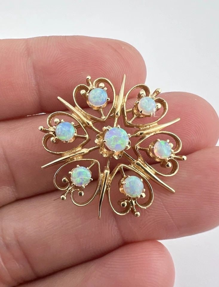 VINTAGE ETRUSCAN 14K YELLOW GOLD AUSTRALIAN FIRE OPAL STARBURST BROOCH PENDANT (1 of 2)