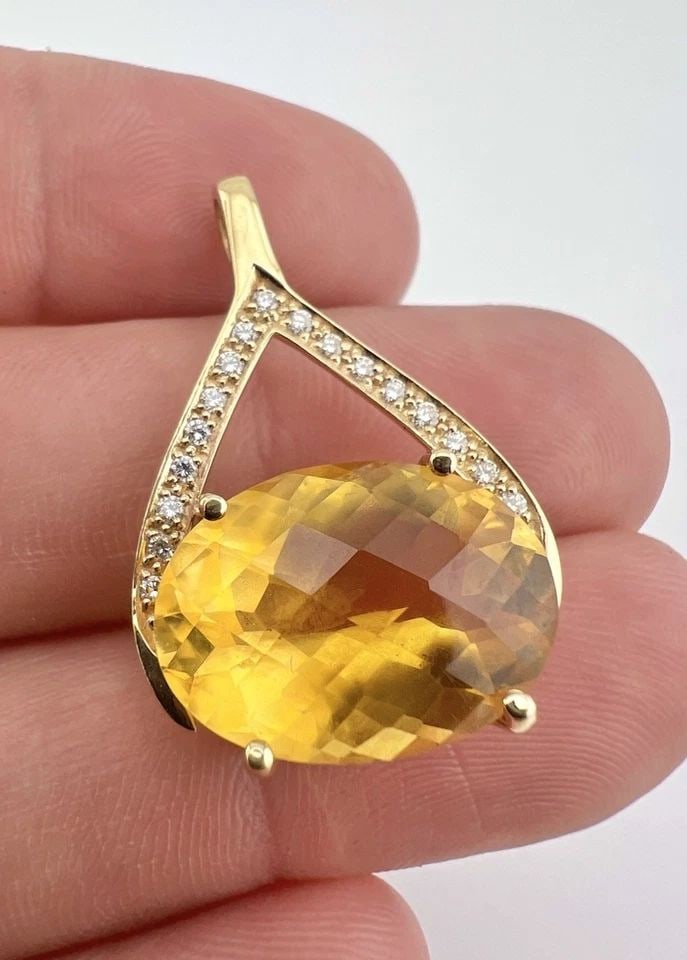 DESIGNER 14K YELLOW GOLD NATURAL FACETED GOLDEN CITRINE & DIAMOND ACCENT PENDANT (1 of 2)