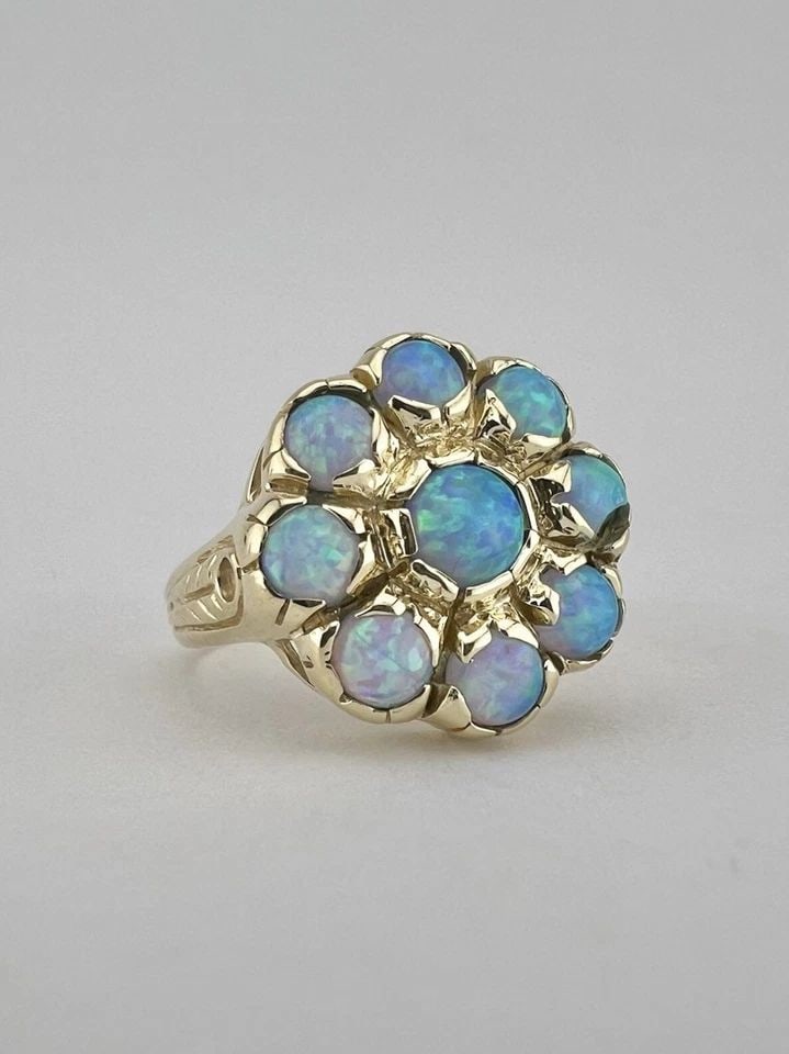 DESIGNER 14K YELLOW GOLD LAB FIRE OPAL CLUSTER ROUND FLOWER RING (1 of 2)