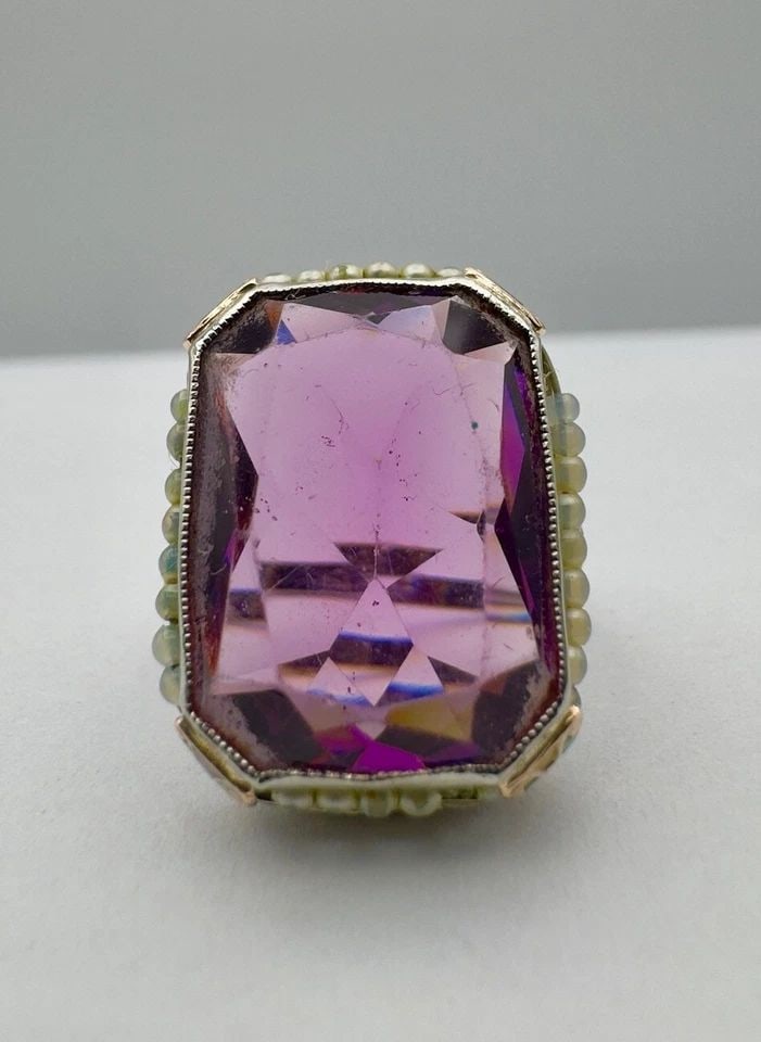 ART DECO 10K WHITE GOLD RECTANGLE CUT AMETHYST & SEED PEARL ENAMEL FILIGREE RING (1 of 2)