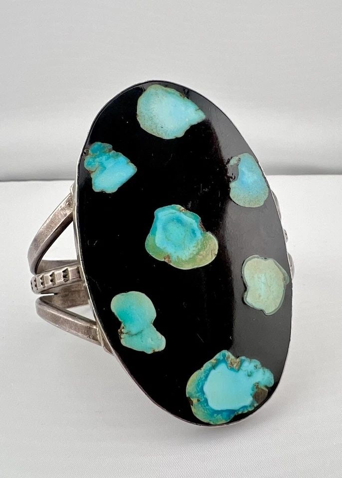 3" UNUSUAL VTG NAVAJO STERLING SILVER TURQUOISE & ONYX INLAY CUFF BRACELET 80.5G (1 of 2)