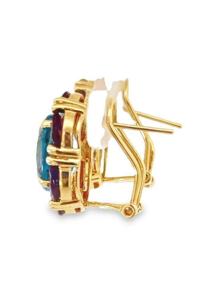 14K YELLOW GOLD FACETED SWISS BLUE TOPAZ & AMETHYST OMEGA BACK POST EARRINGS (1 of 2)