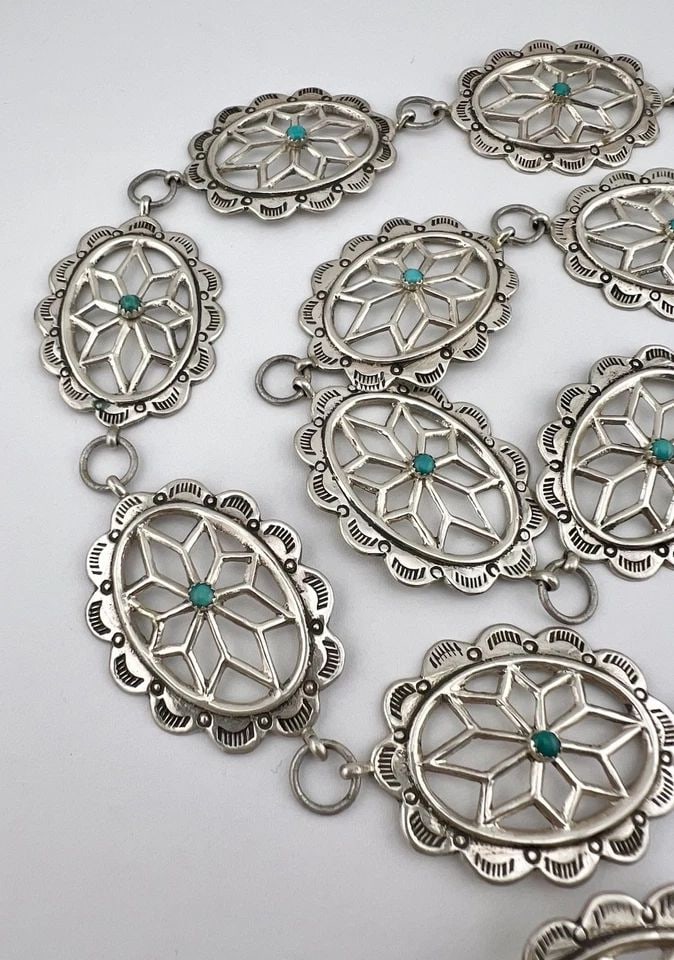VTG NAVAJO SANDCAST STERLING SILVER STAMPED TURQUOISE CONCHO LINK BELT 36"- 110G: VTG NAVAJO SANDCAST STERLING SILVER STAMPED TURQUOISE CONCHO LINK BELT 36"- 110G Vtg Navajo Sandcast Sterling Silver Stamped Turquoise Concho Link Belt 36"- 110g Belt Size: Around 36" - Tip To Tip - A