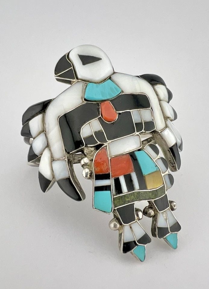 VTG MARY ANN PONCHO ZUNI STERLING SILVER MULTI GEM EAGLE DANCER CUFF BRACELET (1 of 2)