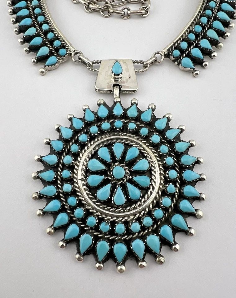 VTG BY NAVAJO STERLING SILVER NEEDLEPOINT TURQUOISE PANEL COLLAR NECKLACE 20.5" (1 of 2)