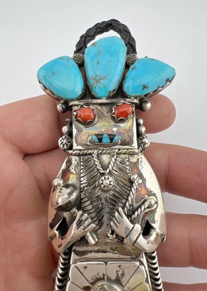 VERDY JAKE NAVAJO STERLING SILVER TURQUOISE CORAL KACHINA DANCER BOLO TIE 4 3/8": VERDY JAKE NAVAJO STERLING SILVER TURQUOISE CORAL KACHINA DANCER BOLO TIE 4 3/8" Vtg Verdy Jake Navajo Sterling Silver Turquoise & Red Coral Kachina Dancer Bolo Tie 4 3/8" Size: 4 3/8" Tall By Just Un