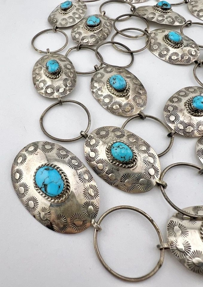 VINTAGE NAVAJO STERLING SILVER SLEEPING BEAUTY TURQUOISE STAMPED CONCHO BELT 41" (1 of 2)