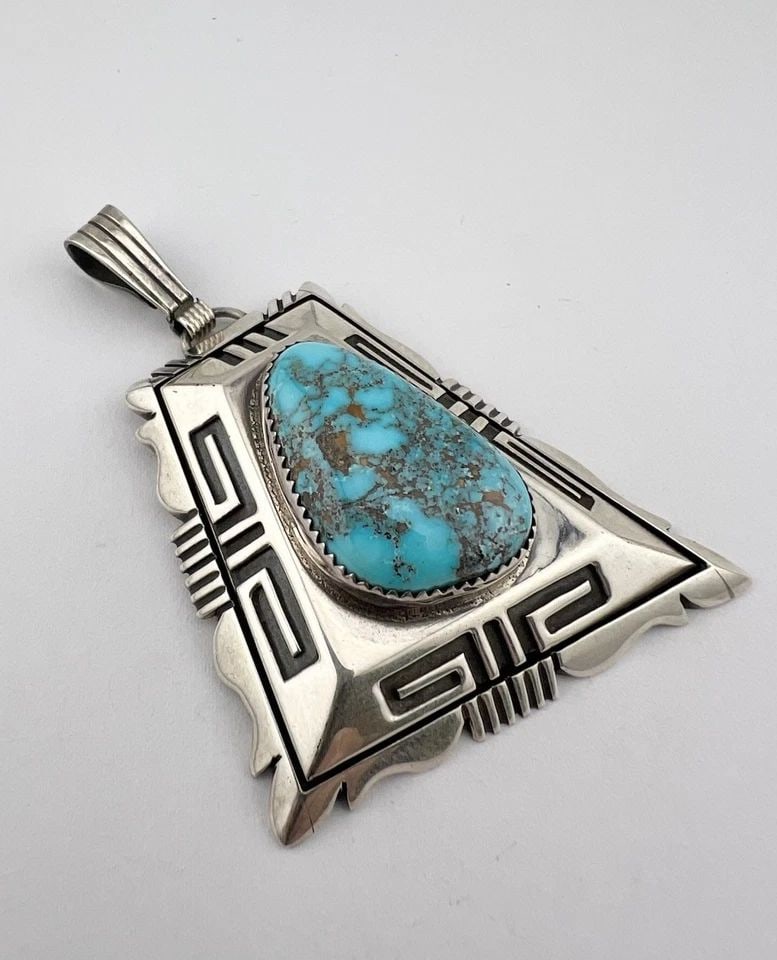 WILL DENETDALE NAVAJO STERLING SILVER NEVADA BLUE TURQUOISE STAMPED PENDANT 3" (1 of 2)