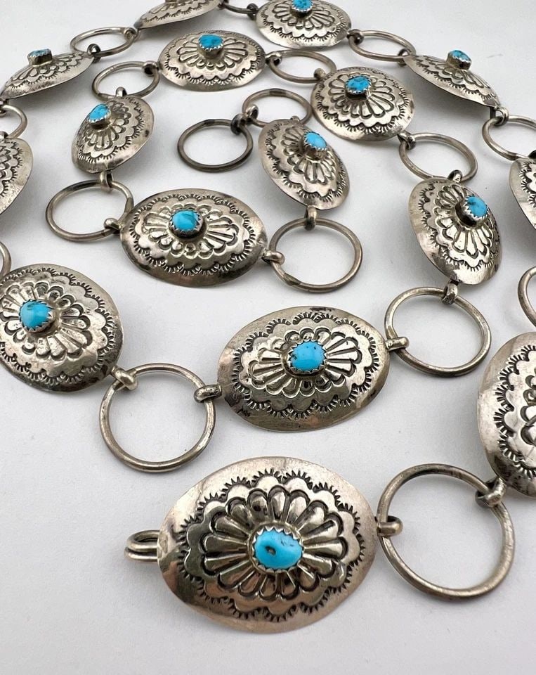 VTG NAVAJO STERLING SILVER SLEEPING BEAUTY TURQUOISE STAMPED CONCHO BELT 36" (1 of 2)