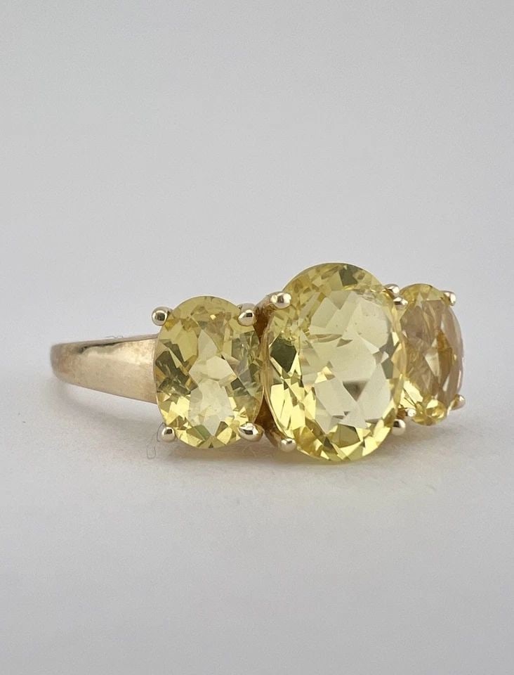 DESIGNER 14K YELLOW GOLD NATURAL OVAL LEMON CITRINE 3 STONE BAND RING (1 of 2)