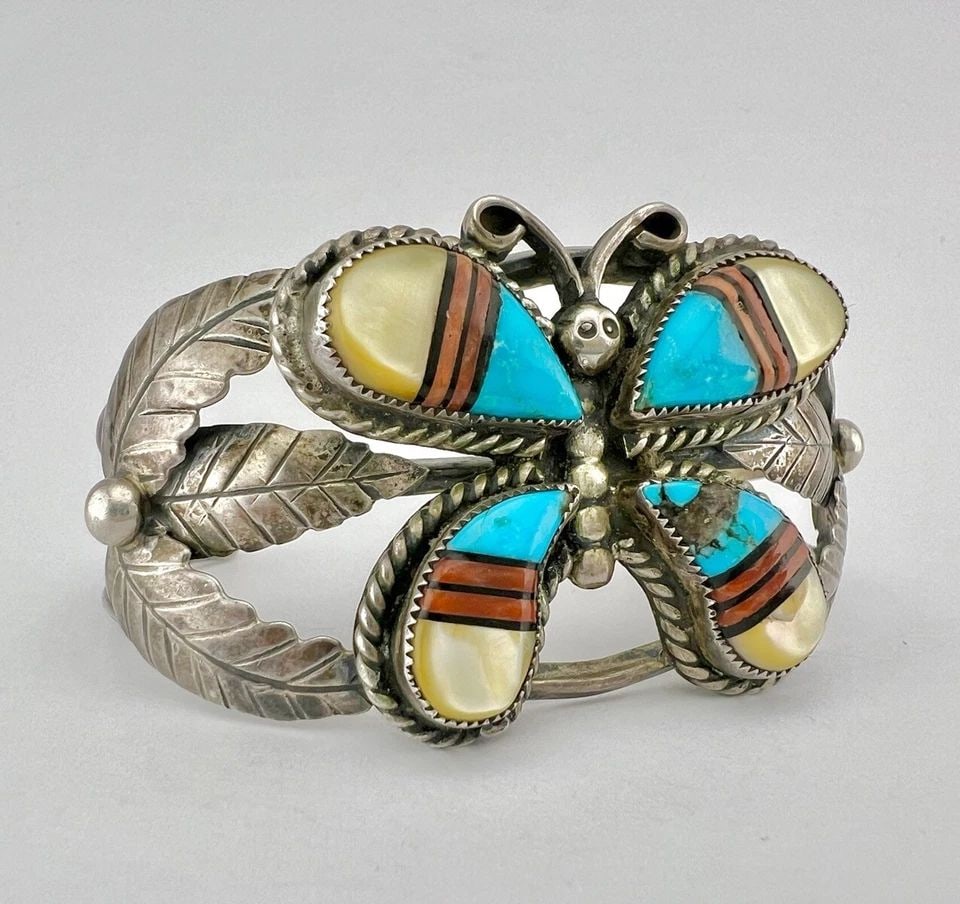 VINTAGE ZUNI STERLING SILVER MULTI GEMSTONE BUTTERFLY CUFF BRACELET (1 of 2)