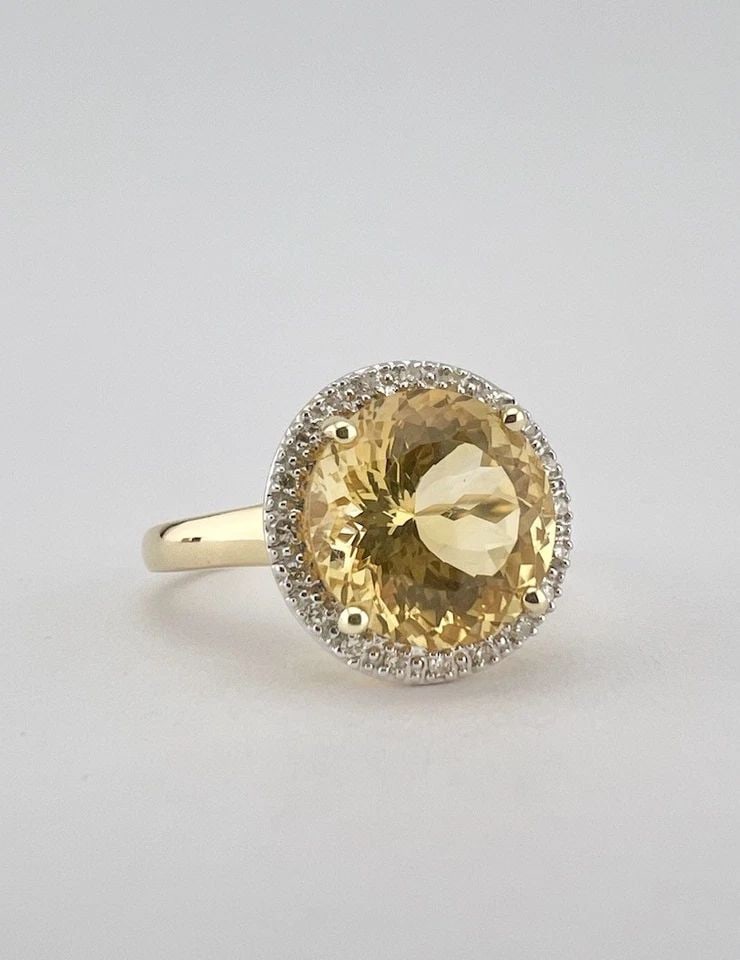DESIGNER 14K YELLOW GOLD NATURAL ROUND LEMON CITRINE & DIAMOND HALO BAND RING (1 of 2)