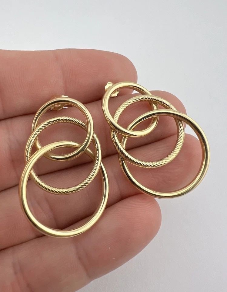 DESIGNER MODERNIST RETRO 14K YELLOW GOLD 3D CIRCLE RINGS LONG POST EARRINGS (1 of 2)