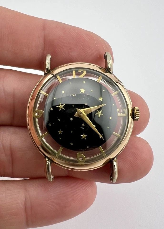 RARE VTG MILUS MYSTERY STAR DIAL 21 JEWELS 33MM GOLD FILLED MEN'S WRISTWATCH (1 of 2)