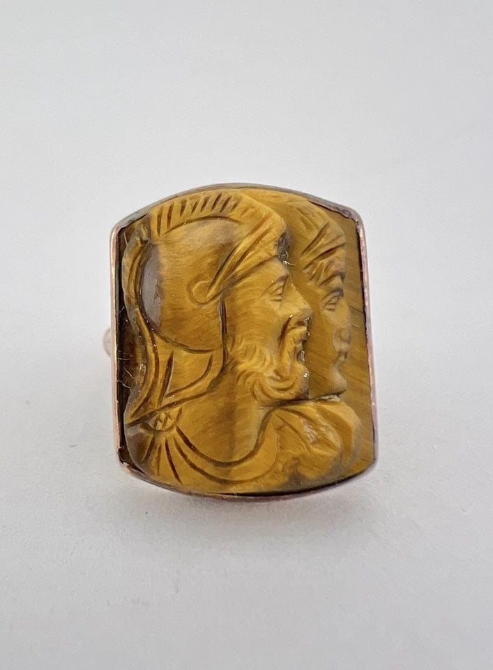 ANTIQUE VICTORIAN 10K ROSE GOLD CARVED TIGERS EYE INTAGLIO WOMEN'S RING 5.5G (1 of 2)