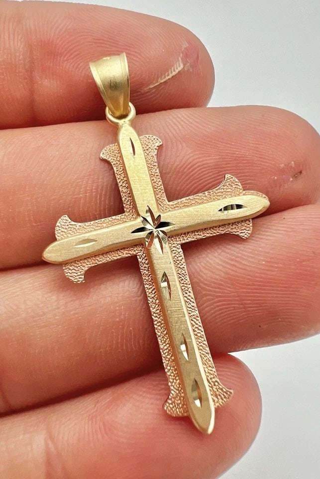 DESIGNER 14K YELLOW & ROSE GOLD SATIN DIAMOND CUT RELIGIOUS CROSS PENDANT 1.75" (1 of 2)