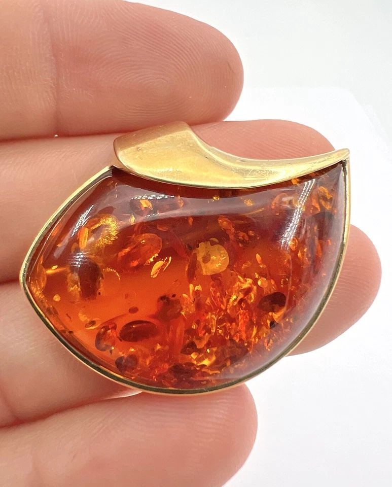 VTG MODERNIST RUSSIAN RUSSIA USSR 14K YELLOW GOLD BALTIC HONEY AMBER PIN BROOCH (1 of 2)