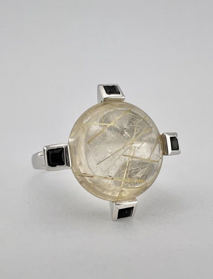 DESIGNER 10K WHITE GOLD NATURAL CABOCHON RUTILATED QUARTZ & SAPPHIRE RING (1 of 2)