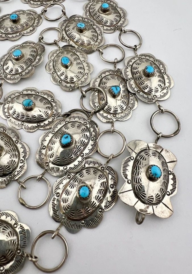 VTG NAVAJO STERLING SILVER SLEEPING BEAUTY TURQUOISE STAMPED CONCHO BELT 38.5" (1 of 2)