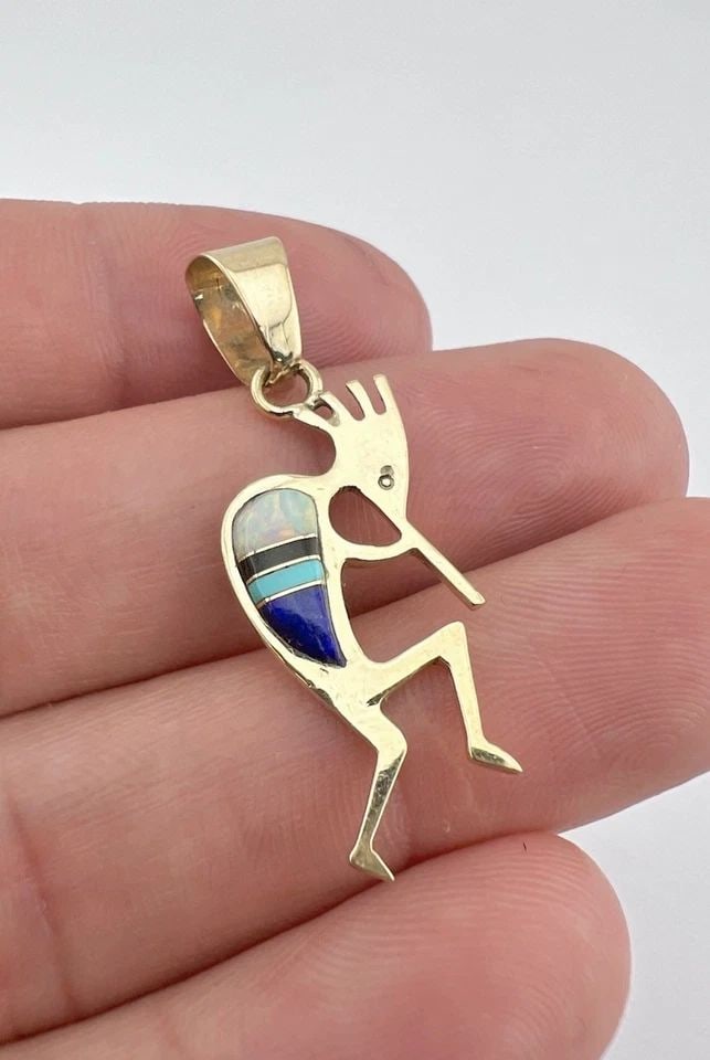 VTG NAVAJO 14K YELLOW GOLD NATURAL FLUSH MULTI GEMSTONE KOKOPELLI PENDANT 1 5/8" (1 of 2)