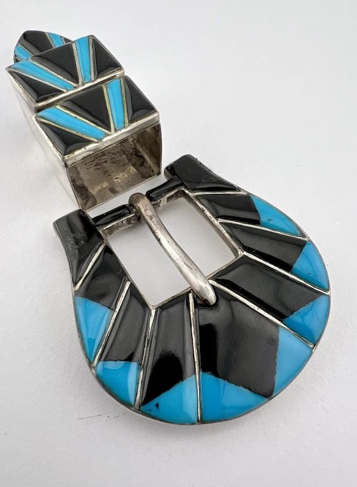 VTG NAVAJO STERLING SILVER TURQUOISE JET FLUSH INLAY RANGER 4 PIECE BELT BUCKLE (1 of 2)
