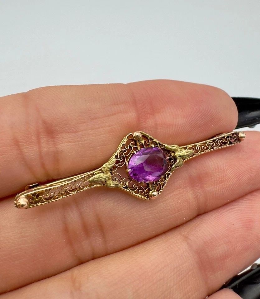 ANTIQUE ART DECO 10K YELLOW GOLD AMETHYST FILIGREE PIN BROOCH 1 7/8" (1 of 2)