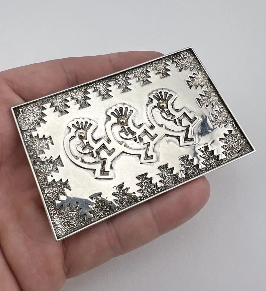 VTG NAVAJO STERLING SILVER & 14K GOLD KOKOPELLI OVERLAY BELT BUCKLE 3 1/4" -64G (1 of 2)