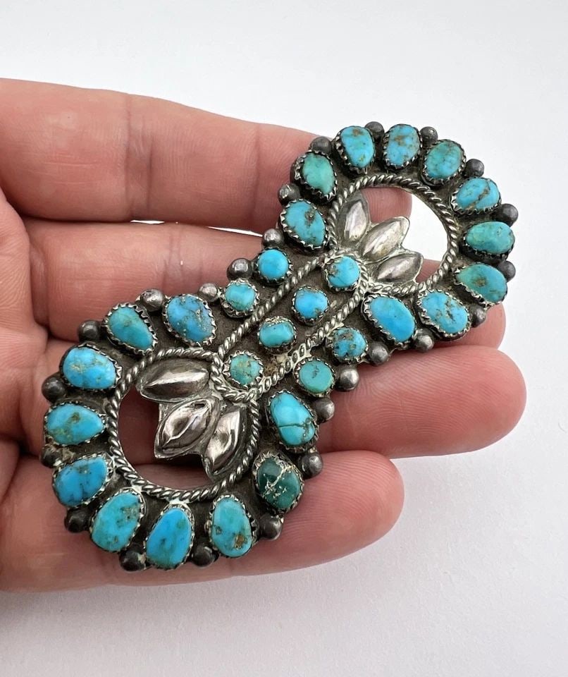 1940'S NAVAJO NATIVE AMERICAN NATURAL TURQUOISE CLUSTER SILVER PIN BROOCH 3.25" (1 of 2)