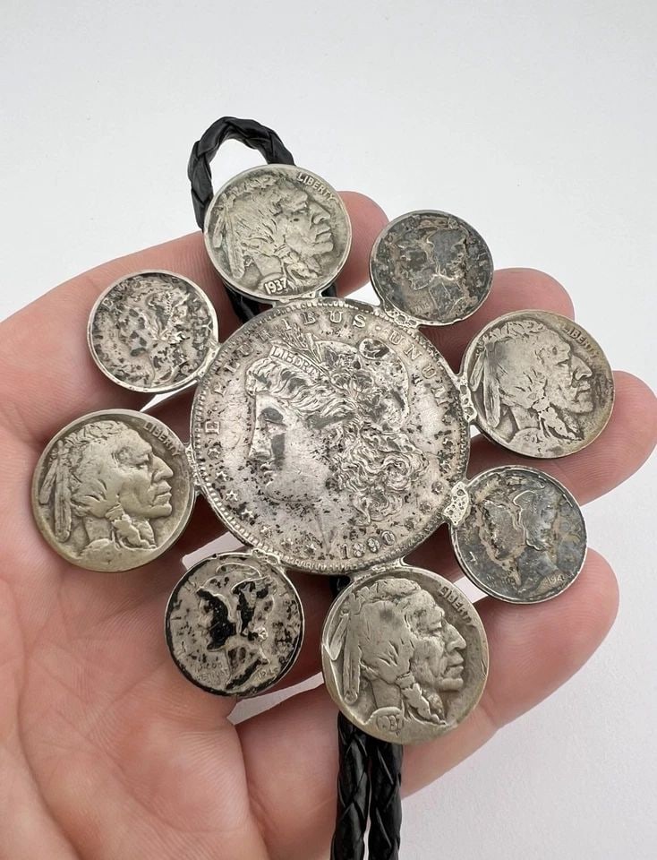 EARLY NAVAJO COIN SILVER 1890 MORGAN SILVER DOLLAR MERCURY DIMES BOLO TIE 3.25" (1 of 2)