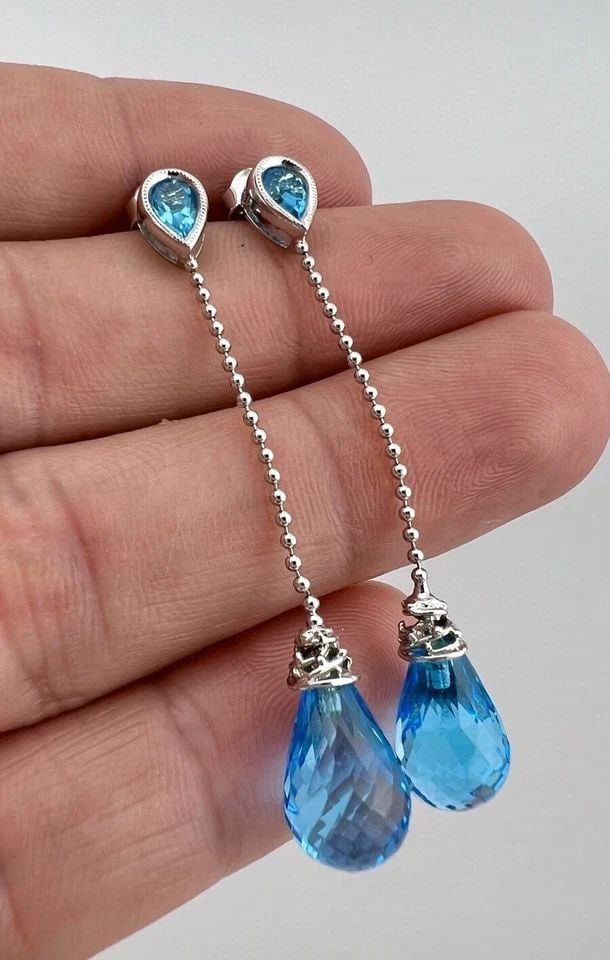 DESIGNER 14K YELLOW GOLD FANCY CUT BLUE LONDON BLUE TOPAZ DANGLE EARRINGS 2 1/8": DESIGNER 14K YELLOW GOLD FANCY CUT BLUE LONDON BLUE TOPAZ DANGLE EARRINGS 2 1/8" Designer 14K Yellow Gold Fancy Cut Blue London Blue Topaz Dangle Earrings 2 1/8" Size: 2 1/8" Tall By Slightly Over 1/4