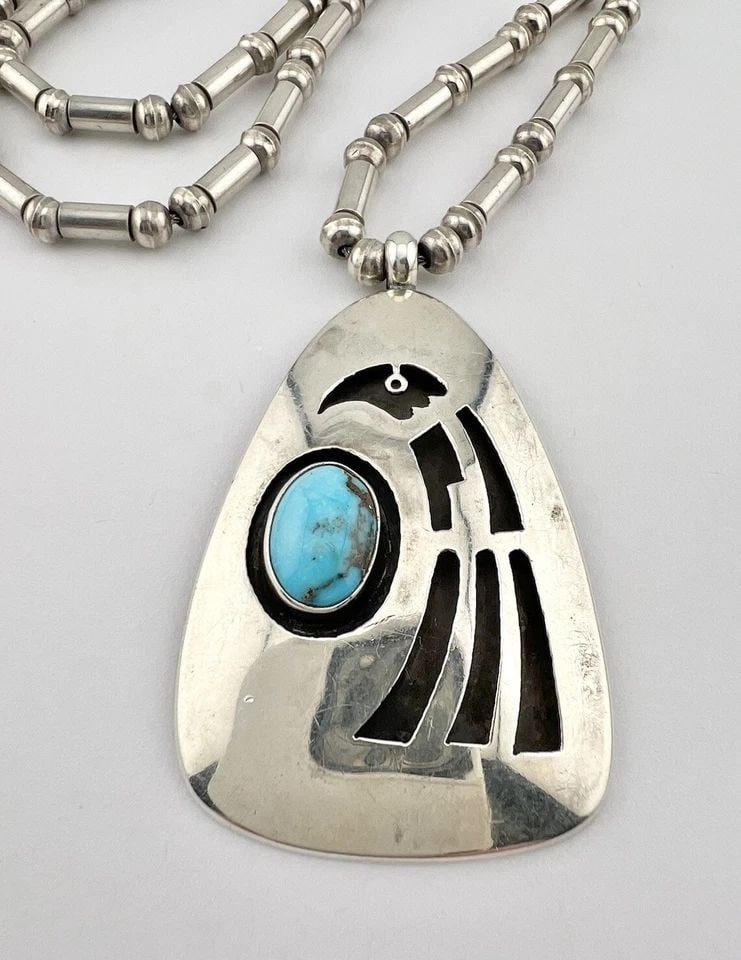 HOPI TRIBAL STERLING SILVER BENCH BEAD BISBEE TURQUOISE EAGLE PENDANT & NECKLACE (1 of 2)